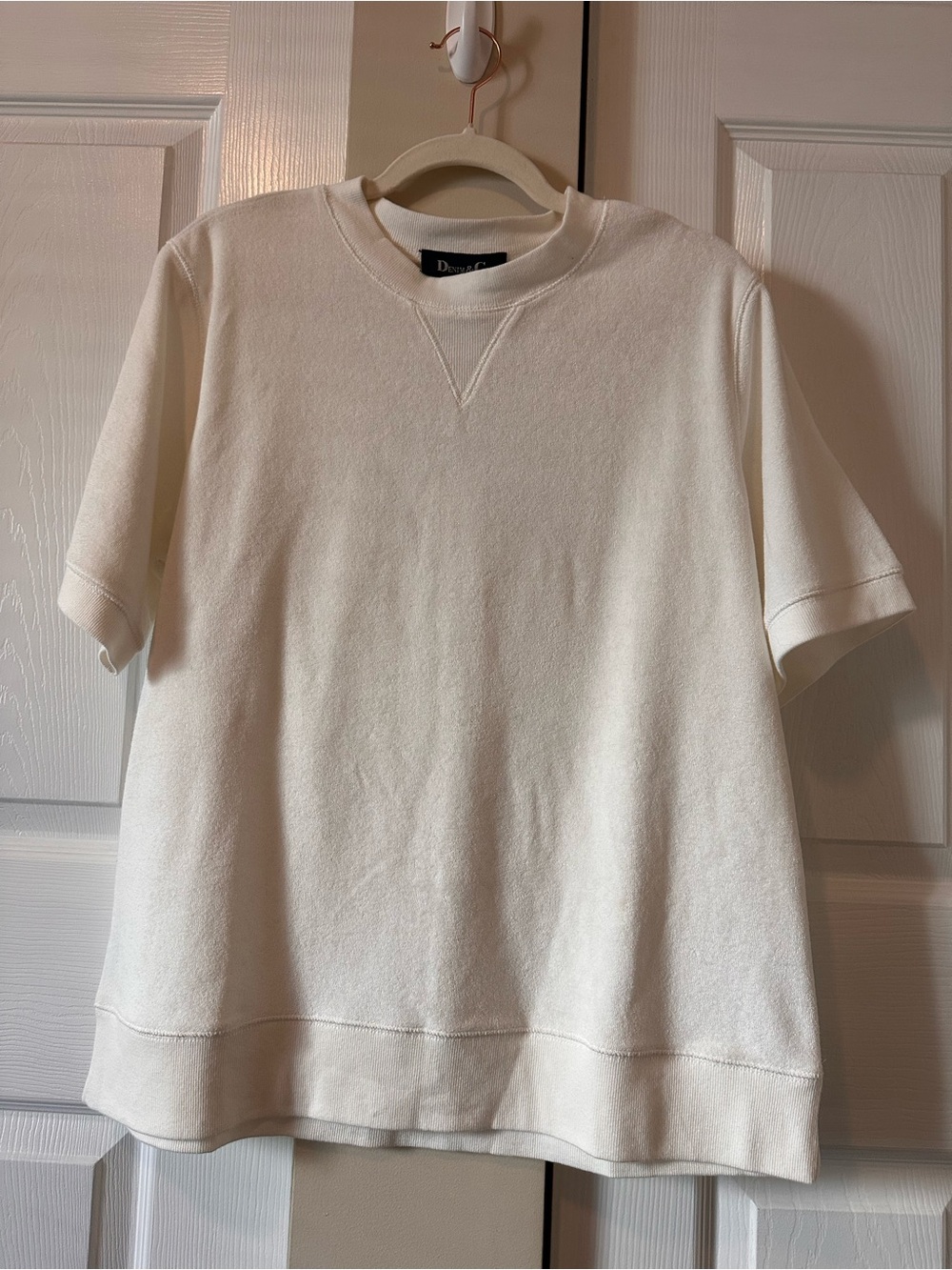 Woman’s Denim & Co. Short Sleeve Reverse French Terry in White/Cream Sz:L
